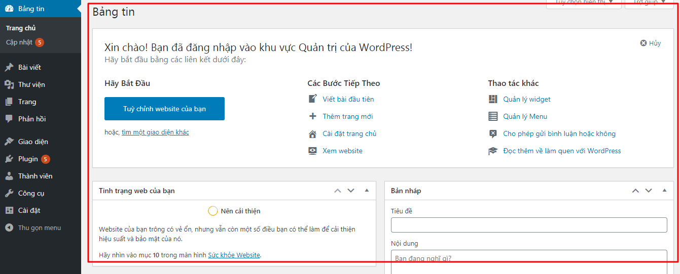 Bảng tin Dashboard WordPress là gì ?